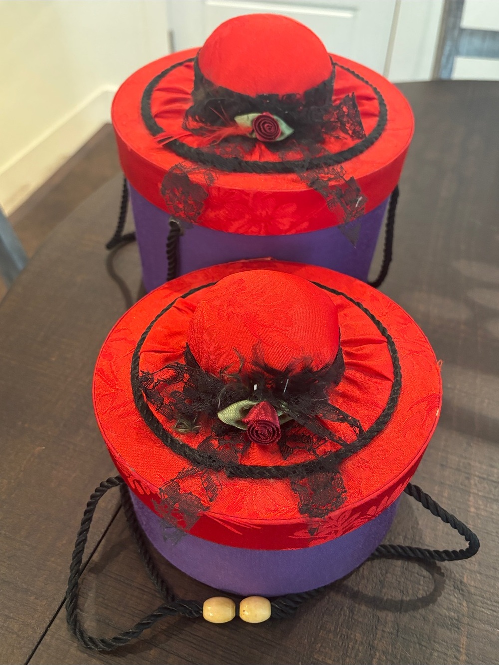Vintage Red Hat Society Hat Boxes Set of 2 Purple Red Lace Rose